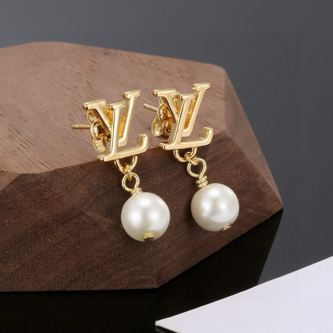 Louis Vuitton Gold 'LV' Logo Pearl Drop Earrings